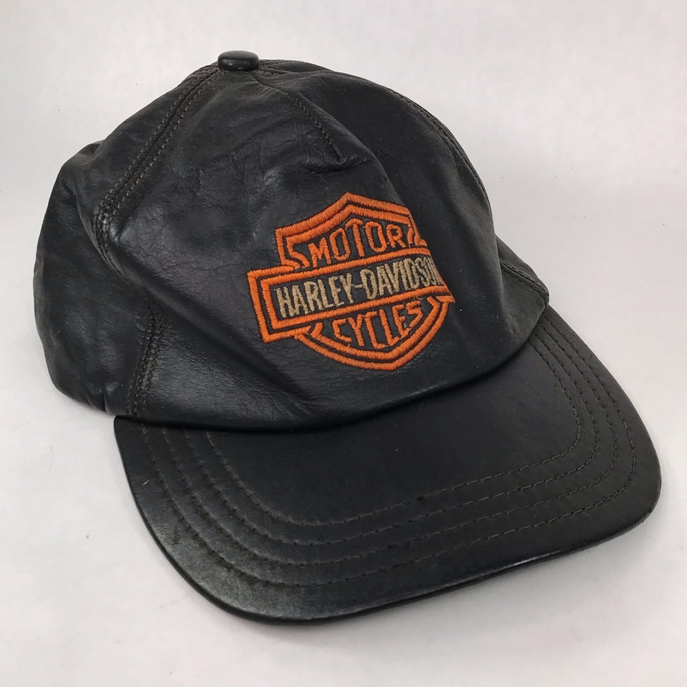 Vintage Harley Davidson Bar & Shield Leather Baseball Hat Made In USA